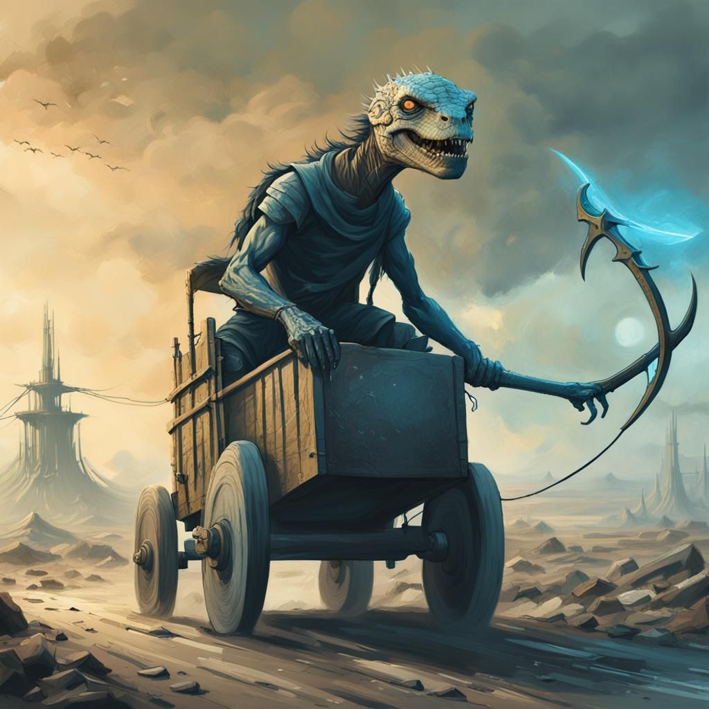 Wasteland Lizardfolk Scythe Chariot in Apocalyptic Art