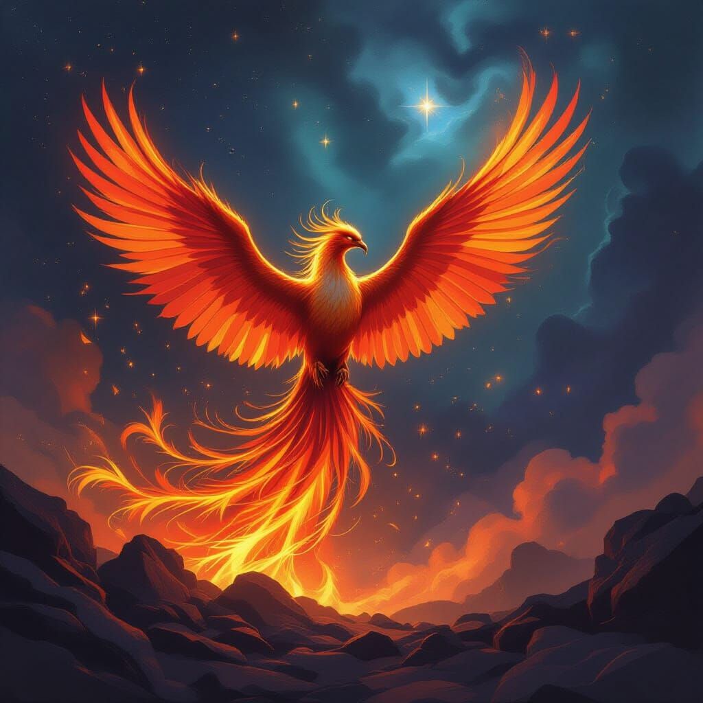 Majestic Phoenix Rises from Ashes in Vibrant Nebula
