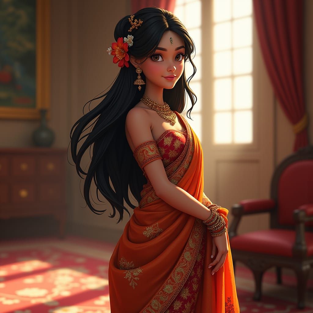 Indian Girl in Saree with Paisley Pattern