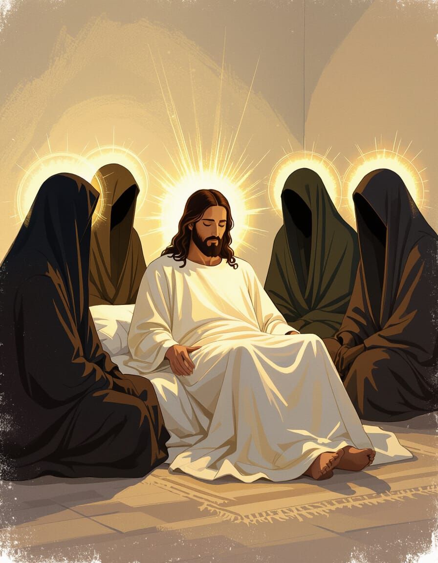 Ethereal Image of a Sacred Figure Surrounded by Mourners