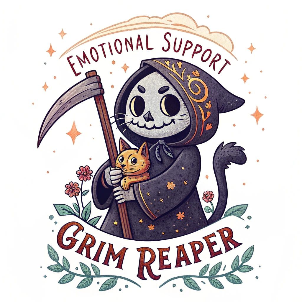 Cute Grim Reaper with Cat in Golden Age Illustration
