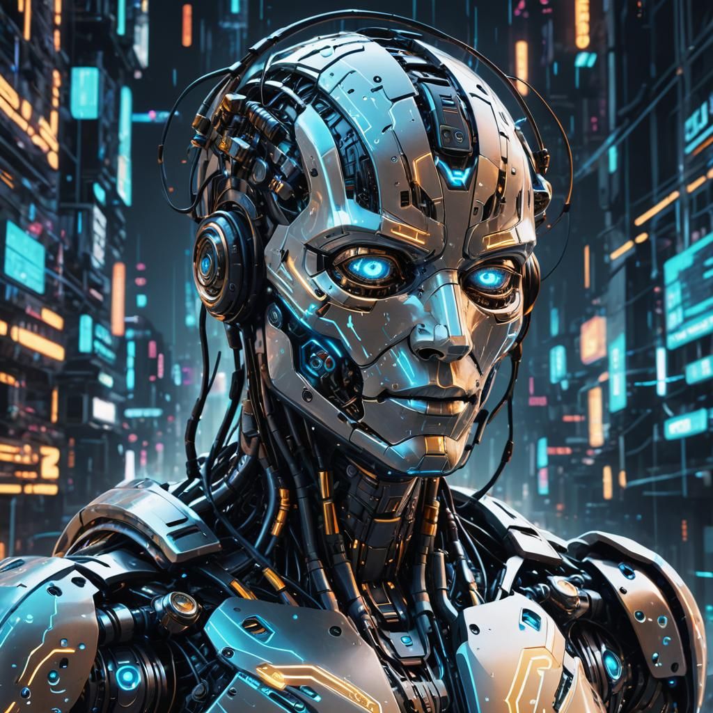 Cyberpunk Robot Head with Glowing Circuits