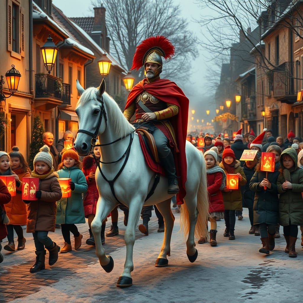 Lantern Parade Through Quaint Town in Classic Painting Style