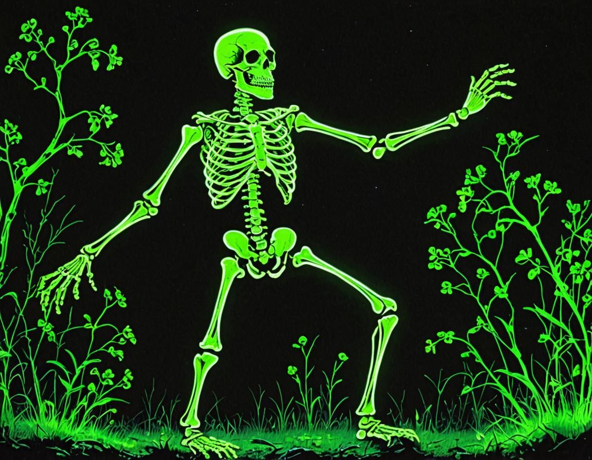 A black-light painting of a florescent green dancing skeleto...