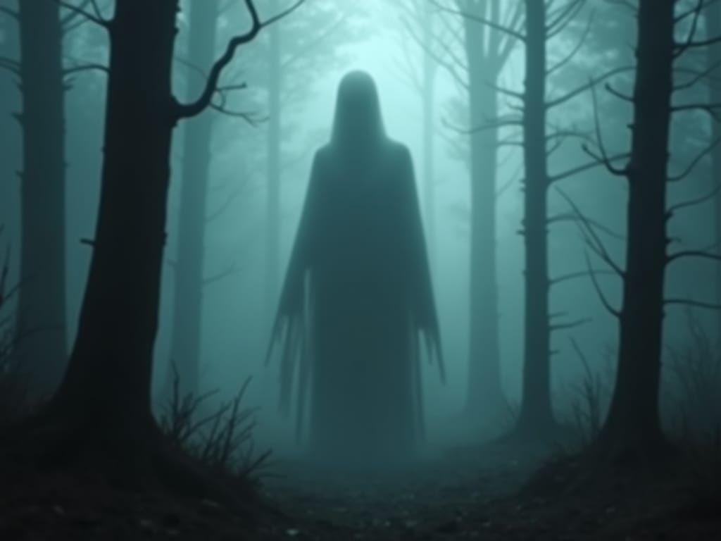 Eerie Shadow Figure in Bioluminescent Forest