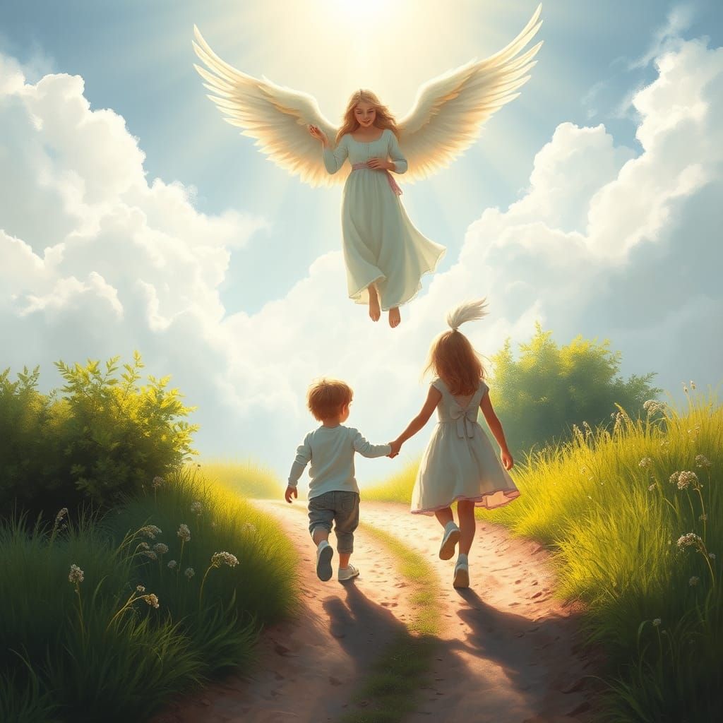 a stunning portrait of two children walking down a path with...