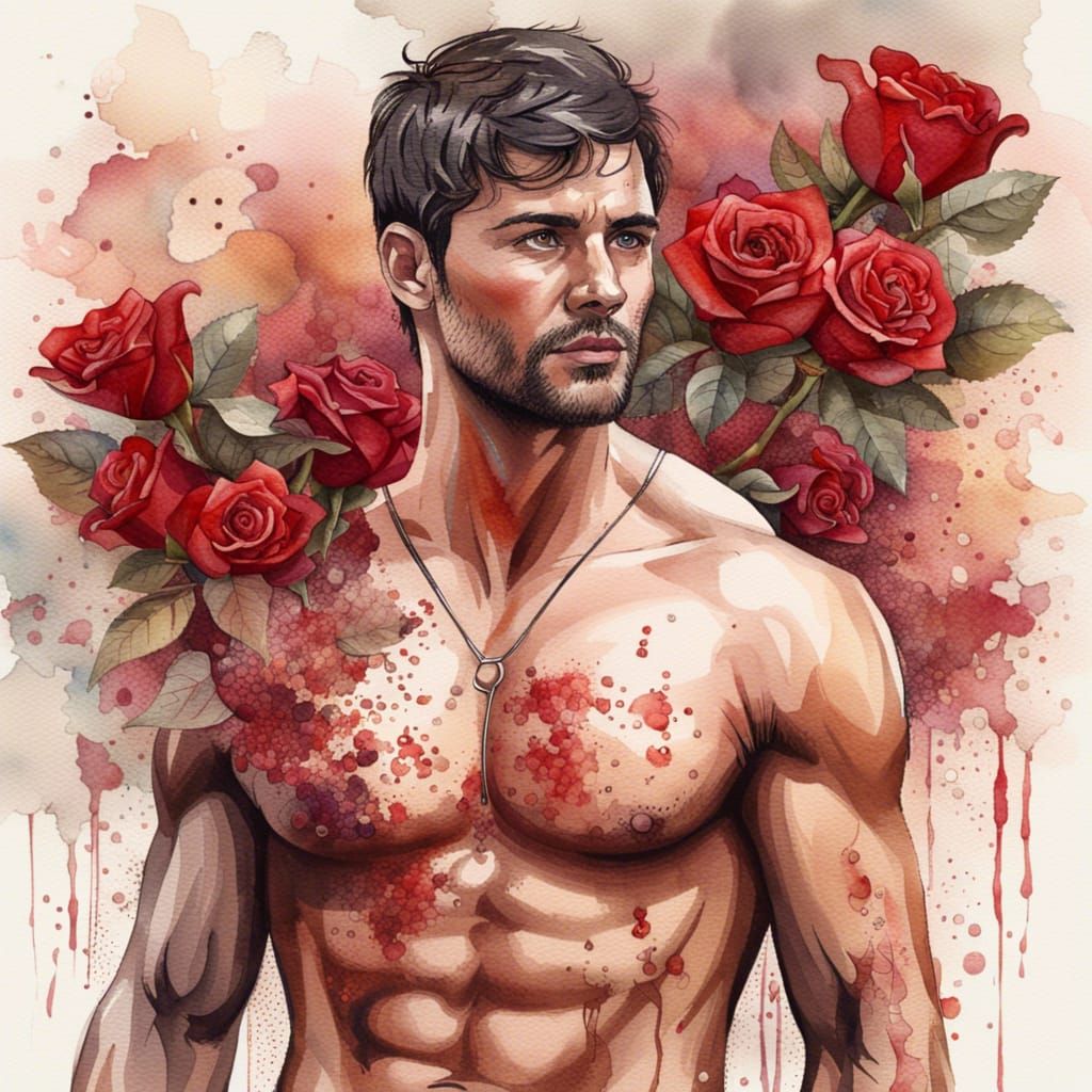 Watercolor Splash Portrait of a Man with Roses