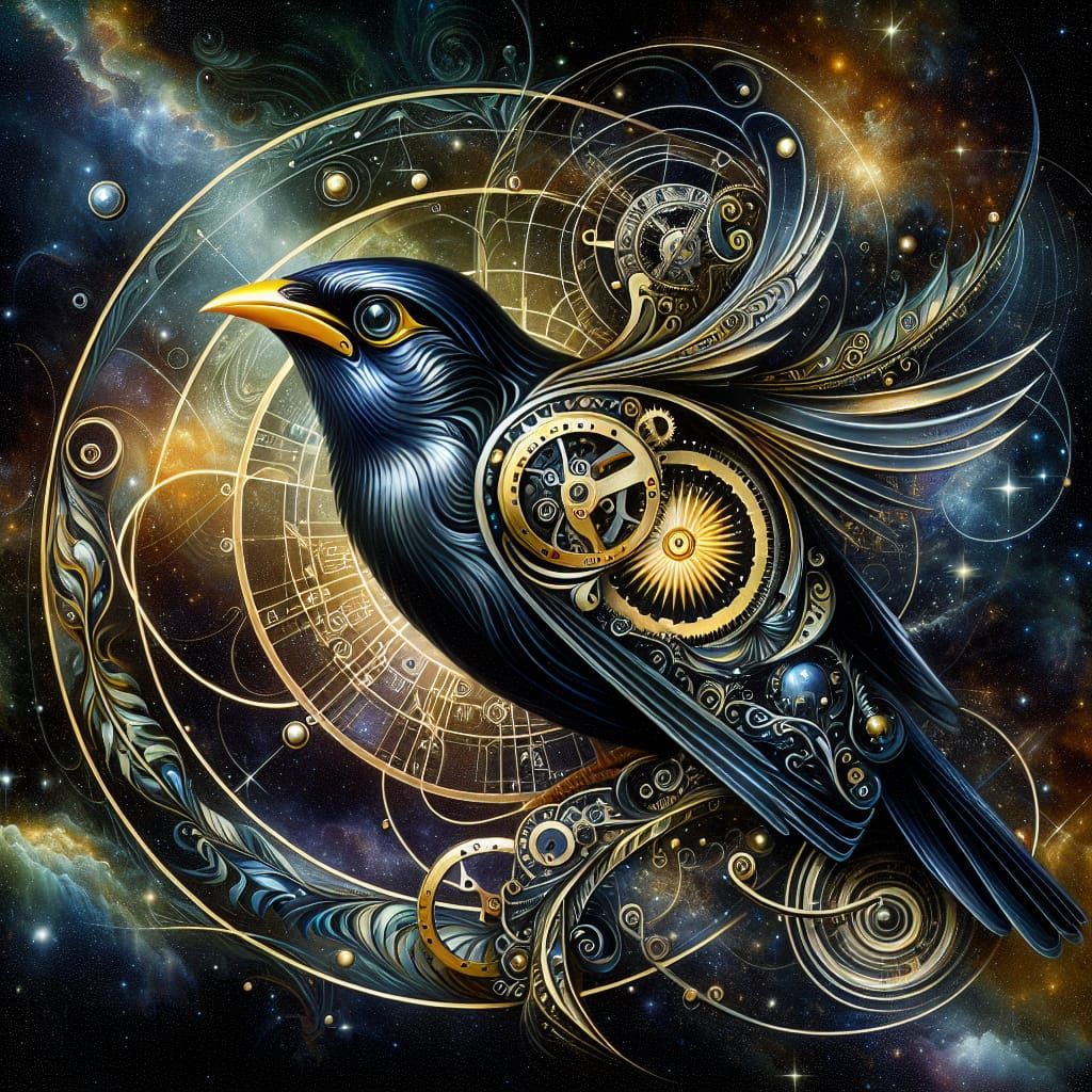 Celestial Myna Bird in Art Nouveau Watercolor Style