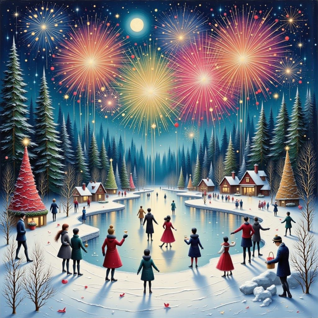 New Year's Eve Celebration on Frozen Pond with Fireworks