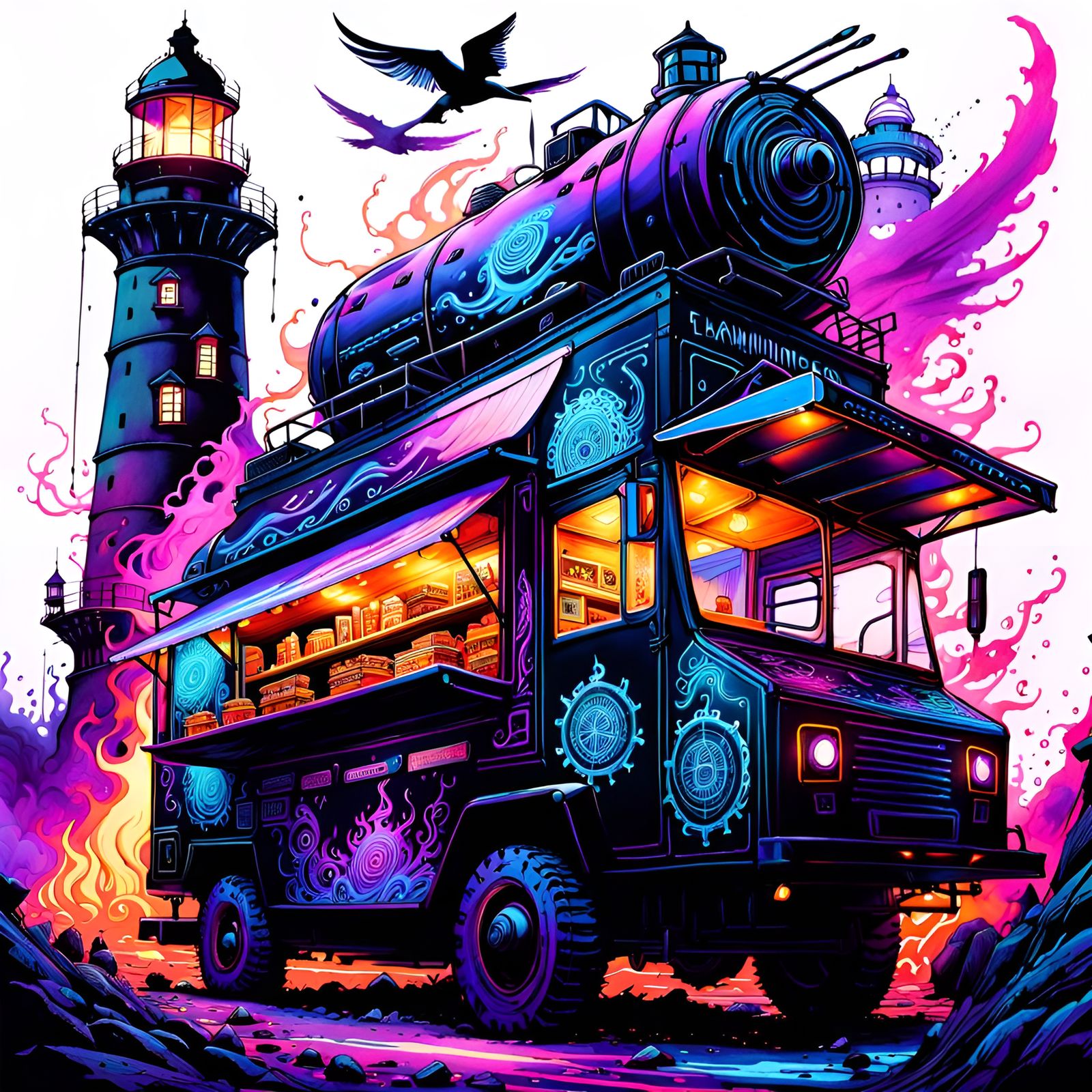 Flying Food Truck with Flaming Tracks: Fantasy Art