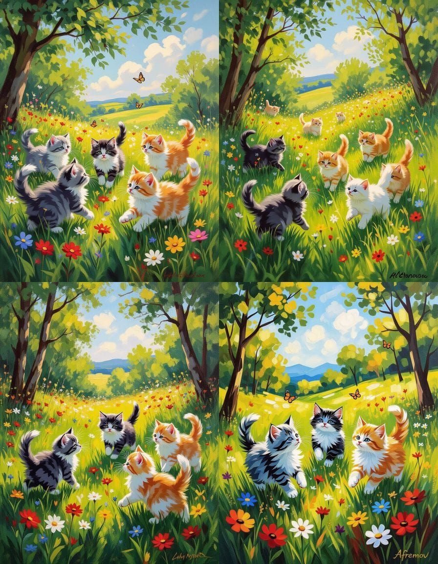 Kittens Play in Meadow as Vibrant Oil Painting