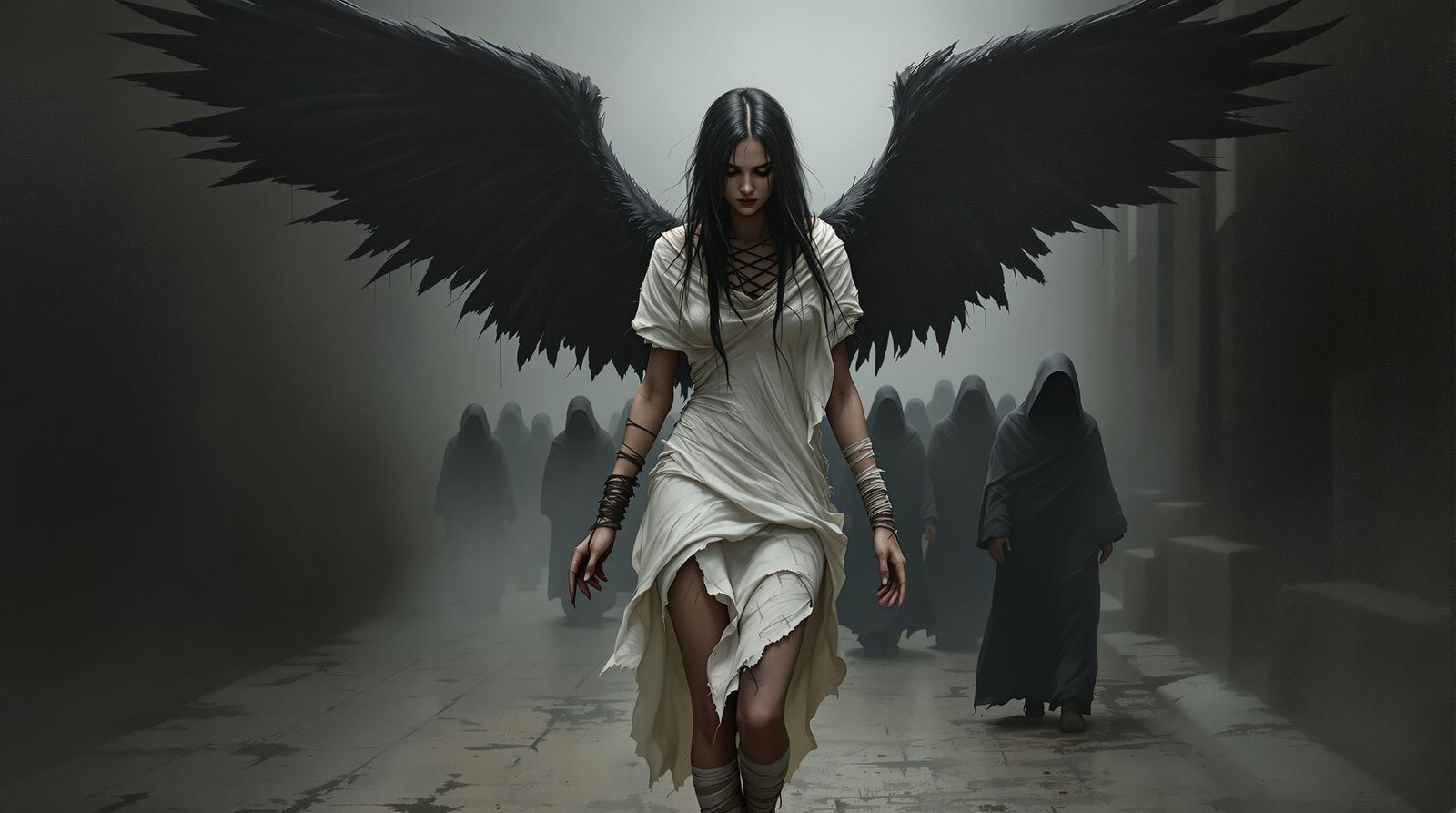 Mystical Woman with Dark Wings in Foggy Alley