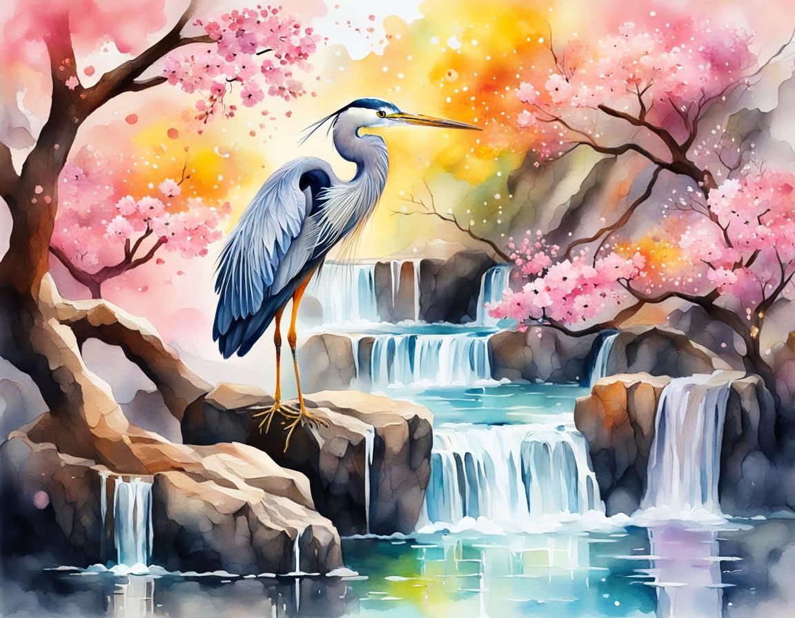 Heron by Waterfalls: Watercolor and Gouache Illustration