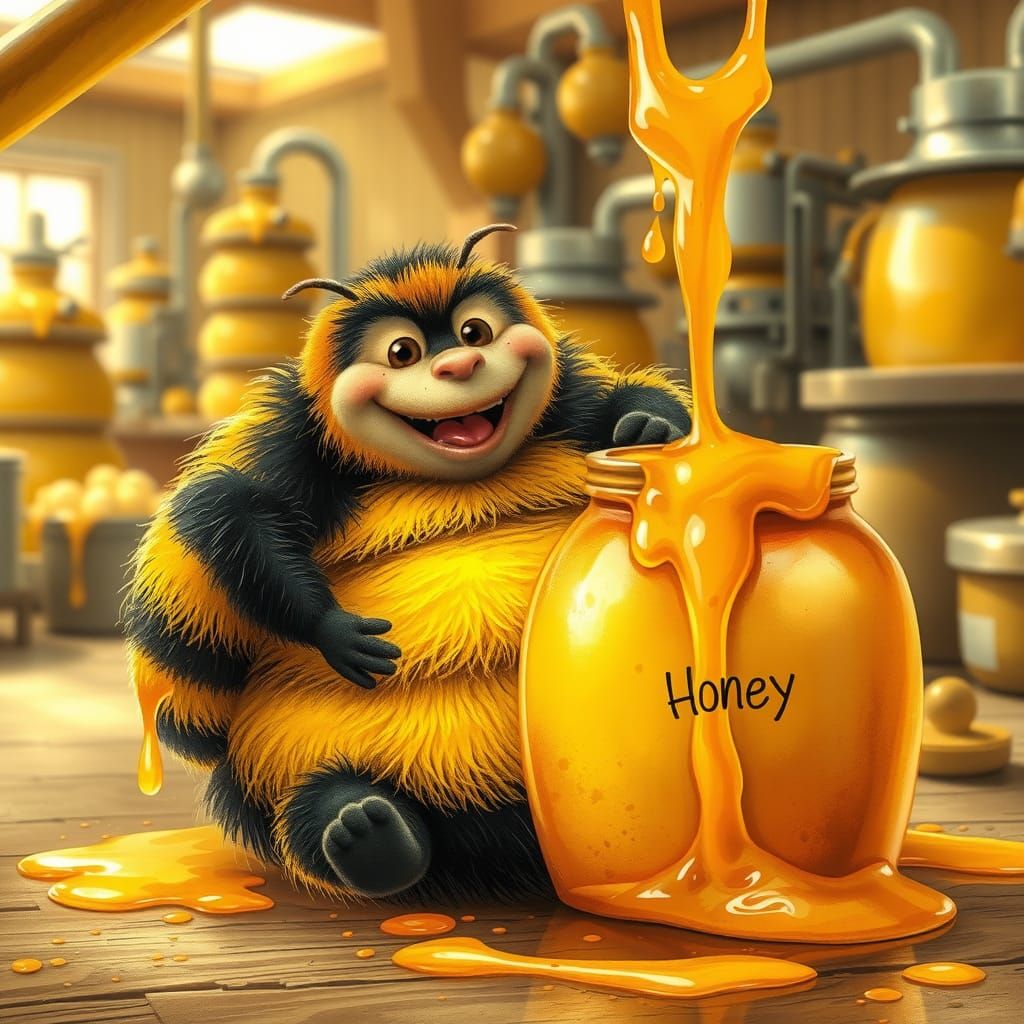 An obese bumblebee with a euphoric face sits next to a honey jar covered in honey. Splashes of honey can be seen on its ...