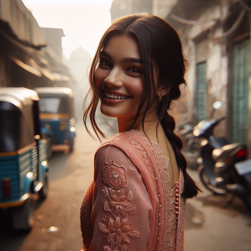 South Asian Girl's Morning Smile in Peach Salwar Kameez