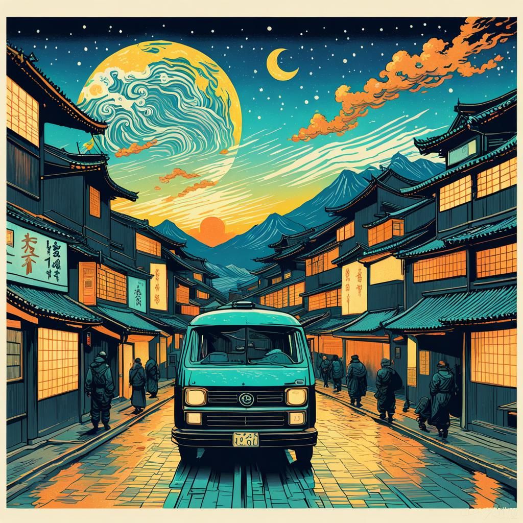 Cyberpunk Ukiyo-e Poster Art with Van Gogh Colors