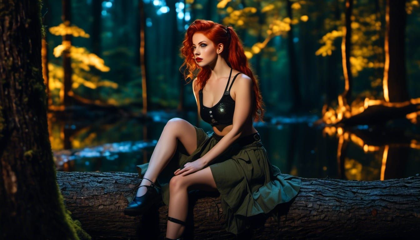 Redhead in Forest Under Moonlight