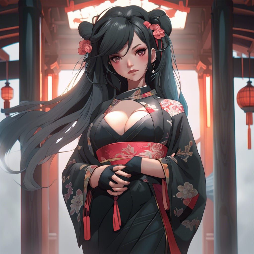 Japanese Goth Girl Portrait in Art Nouveau Style