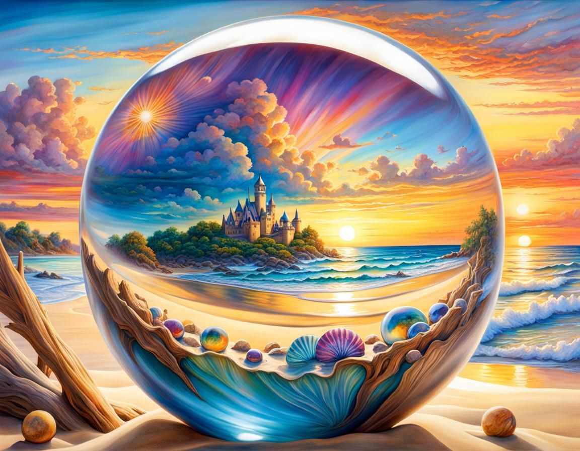 Sandcastle in Glass Ball Sunset: Hyperrealistic Beach Scene
