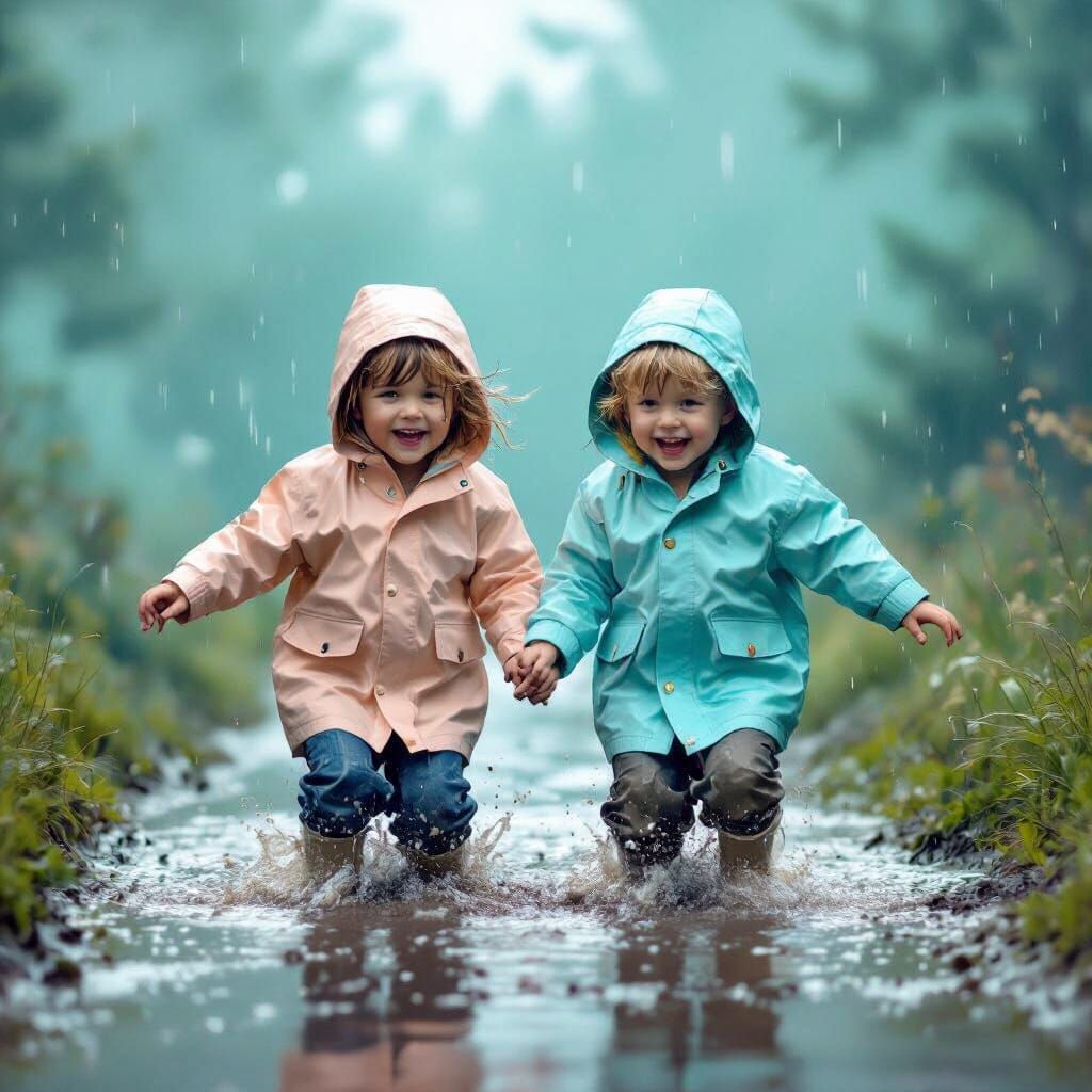 Joyful Children Jumping in Puddles: Dreamy Photograph