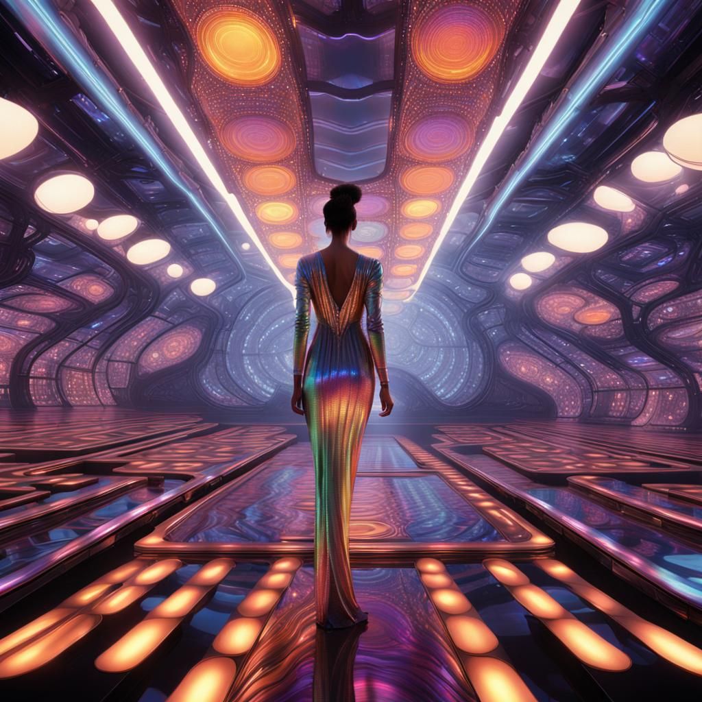 Futuristic Disco Dress on Catwalk in Neon Glow