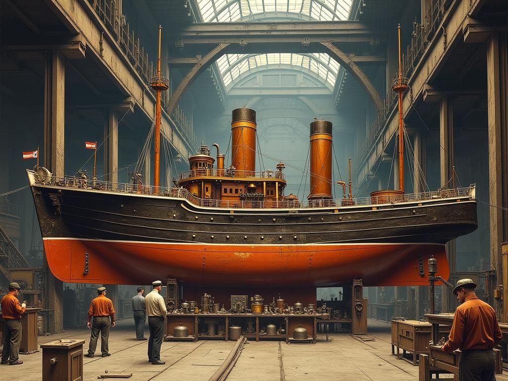 Victorian Steamship Cutaway in Dry Dock, Photorealistic Styl...