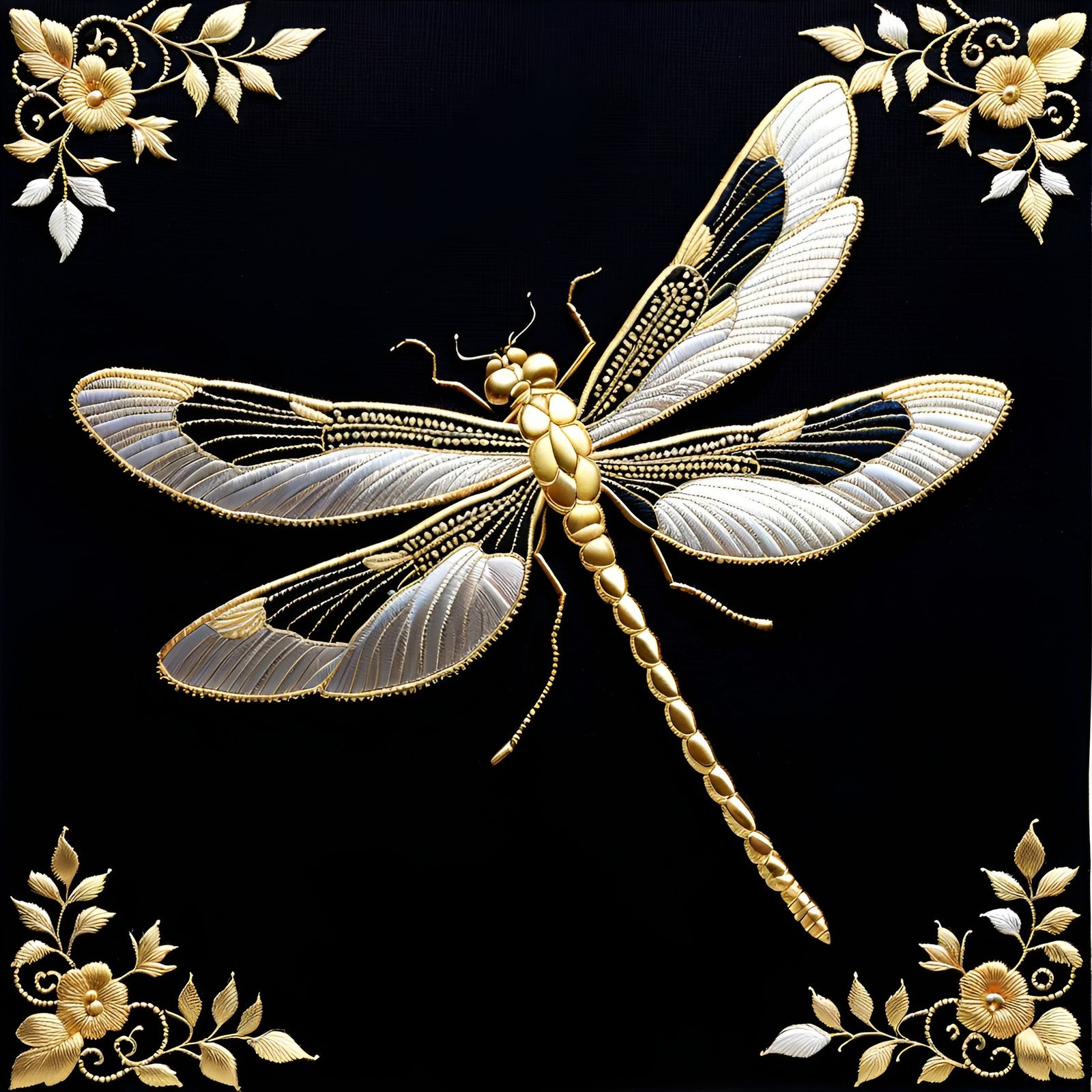 Luminous Dragonfly Embroidery in Metallic Gold on Black Silk
