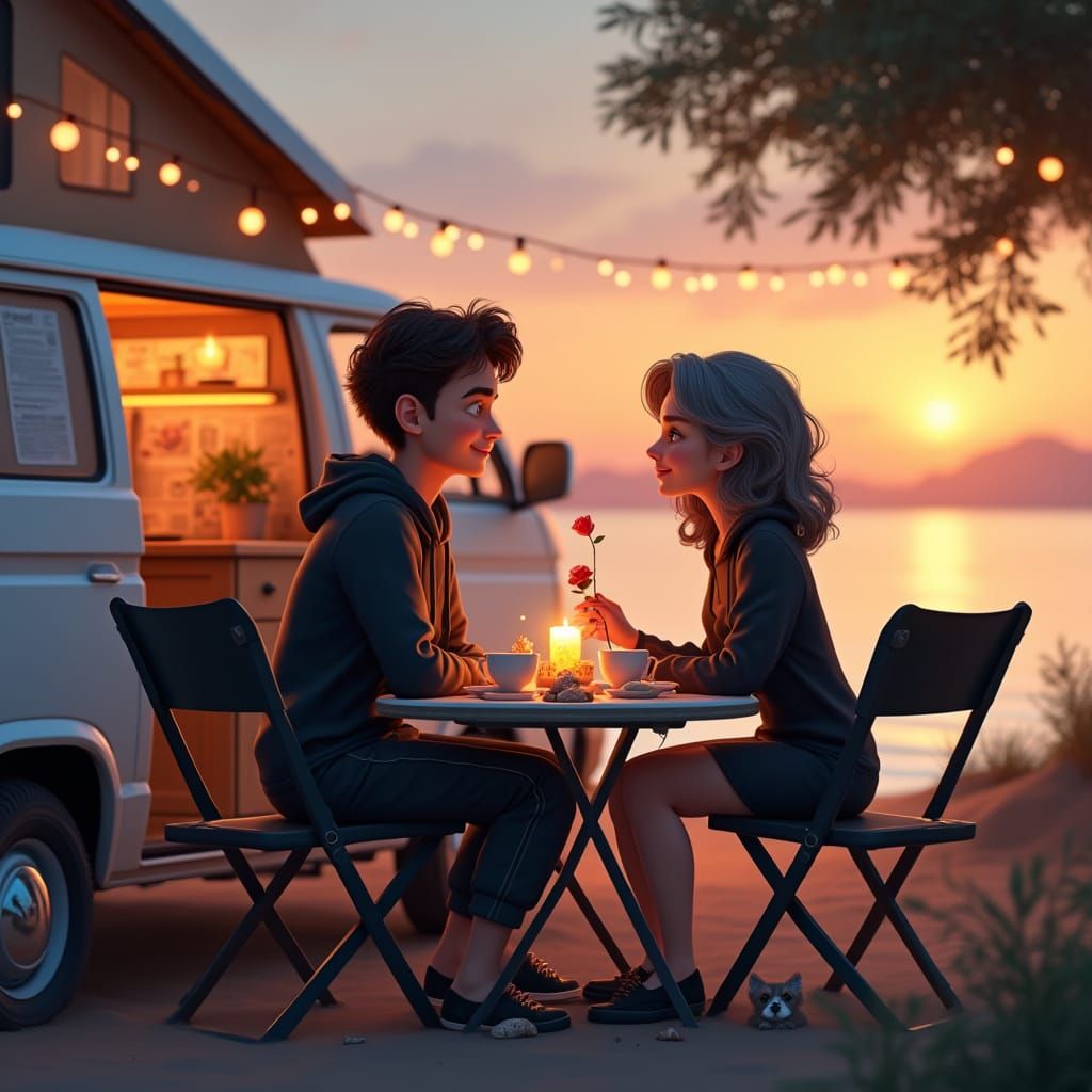 Romantic Sunset Camper Scene with Animated Elements