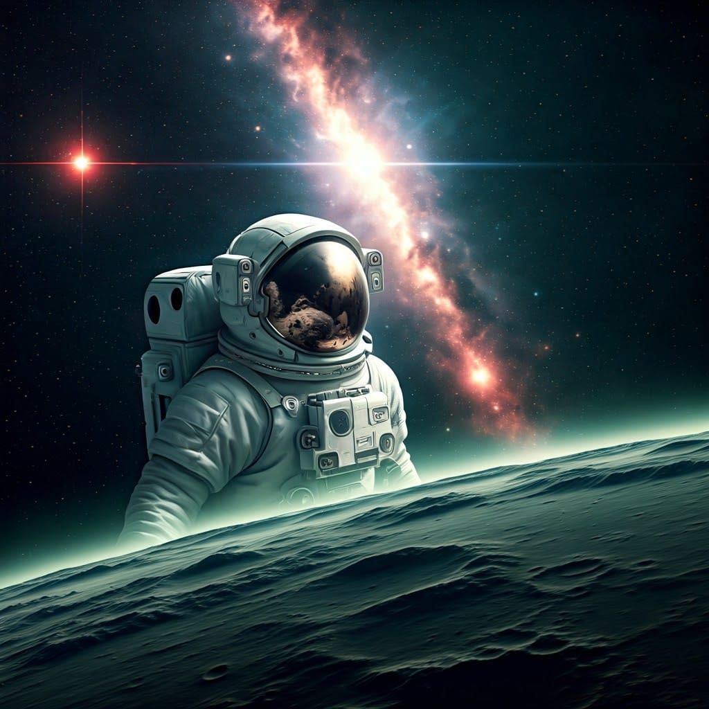 Astronaut Above Gray Moon in Cosmos Reflection