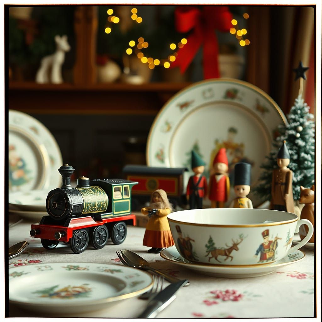 Vintage Toy Land Christmas Dinnerware in Cinematic Film Styl...