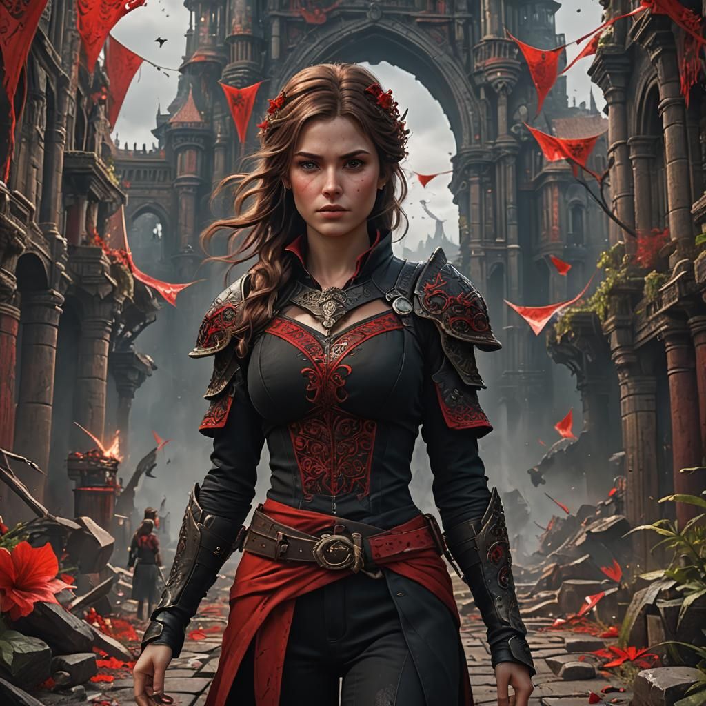 Woman in Red and Black: Detailed Fantasy Concept Art