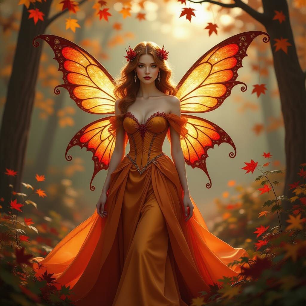 Glamorous Fall Fairy in a Whimsical Scene