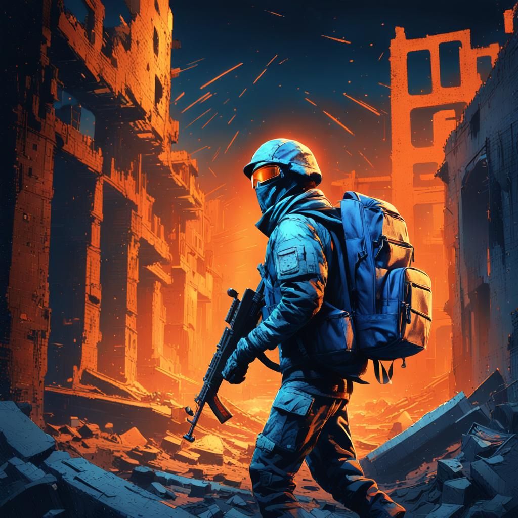 Cyber Warfare: Soldier in a Destroyed Cityscape