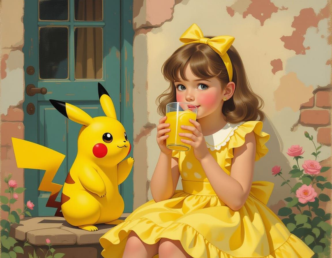 Girl and Pikachu Sipping Lemonade, Nostalgic Pin-Up Style