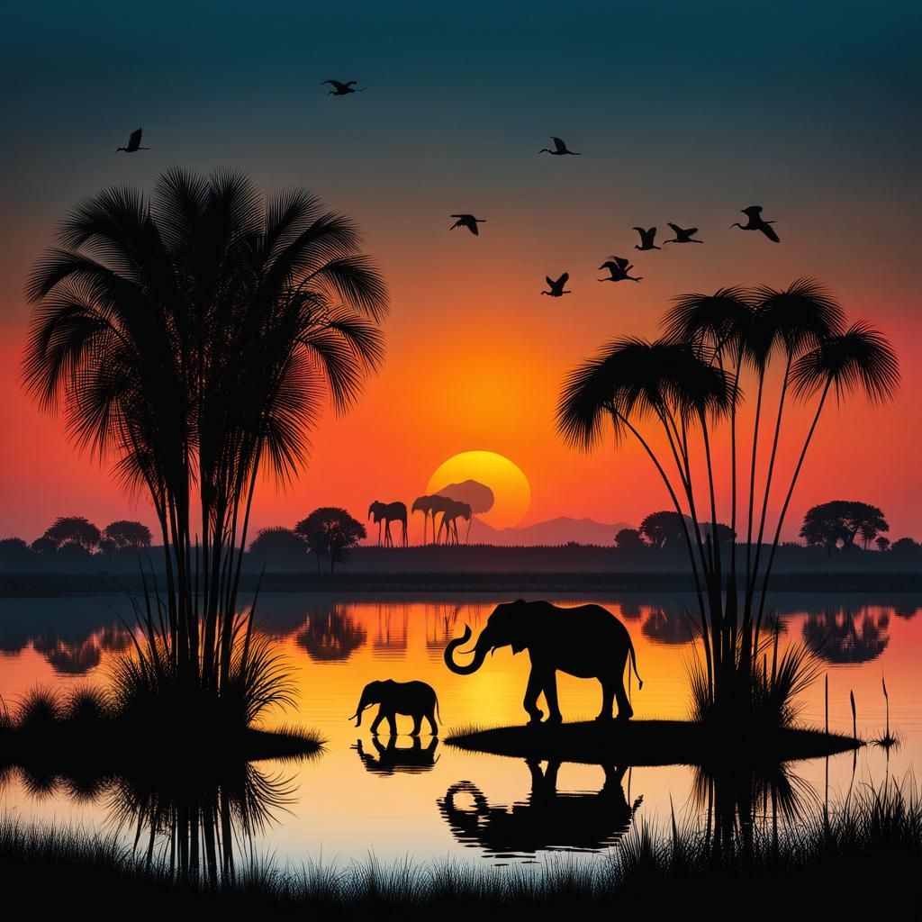 Elephants and Flamingos in Silhouette Art
