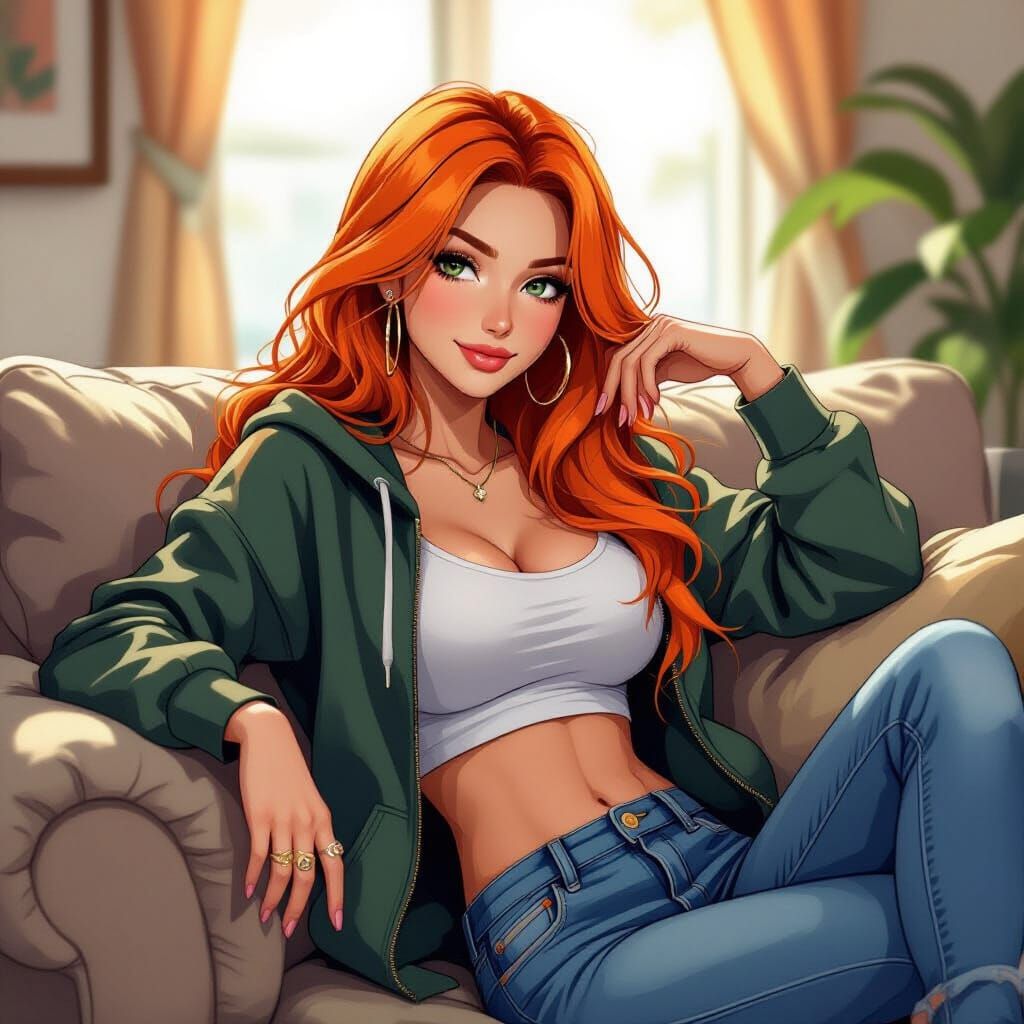 Woman with Orange Hair in One Piece Style