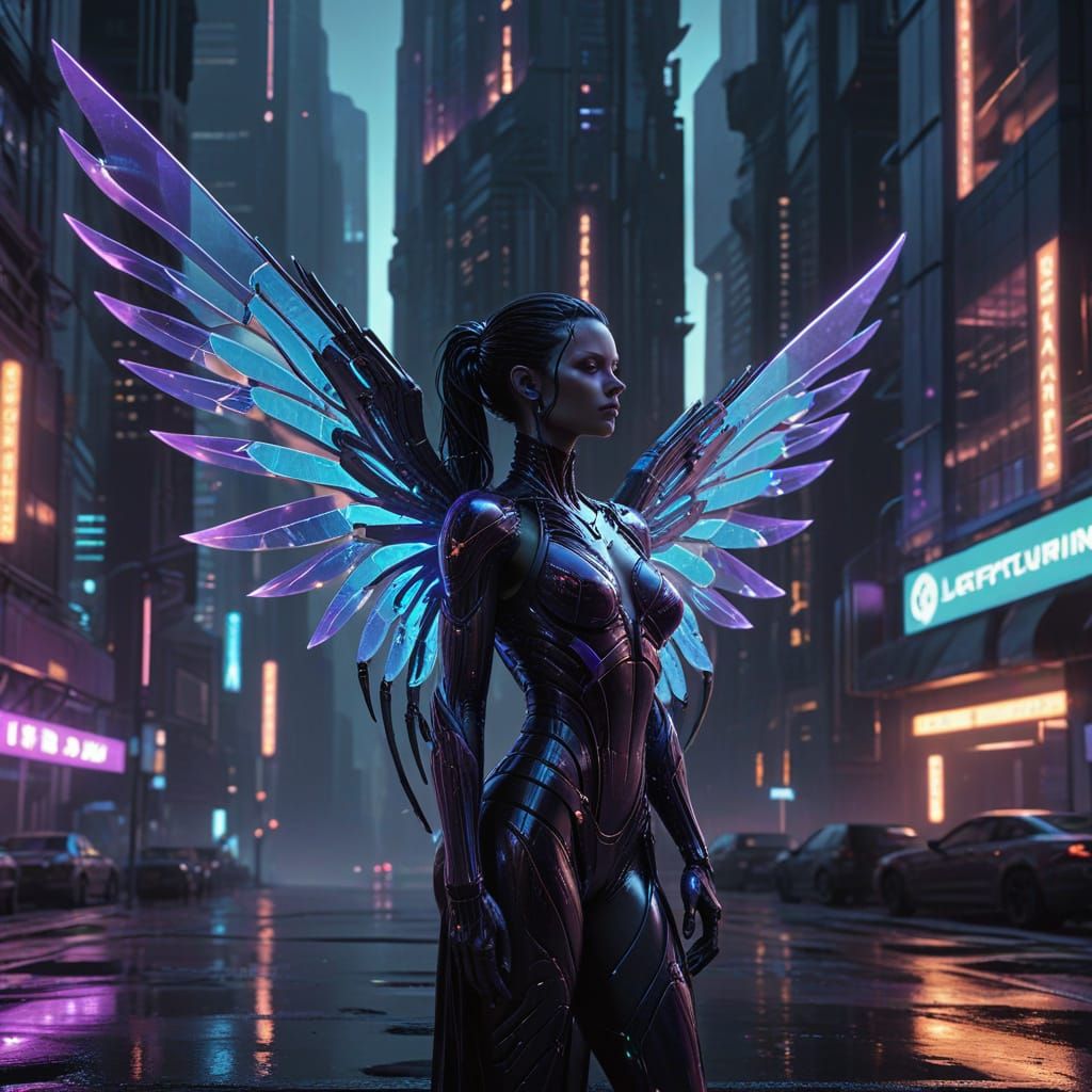 Cyberpunk Fae in Neon Noir Style