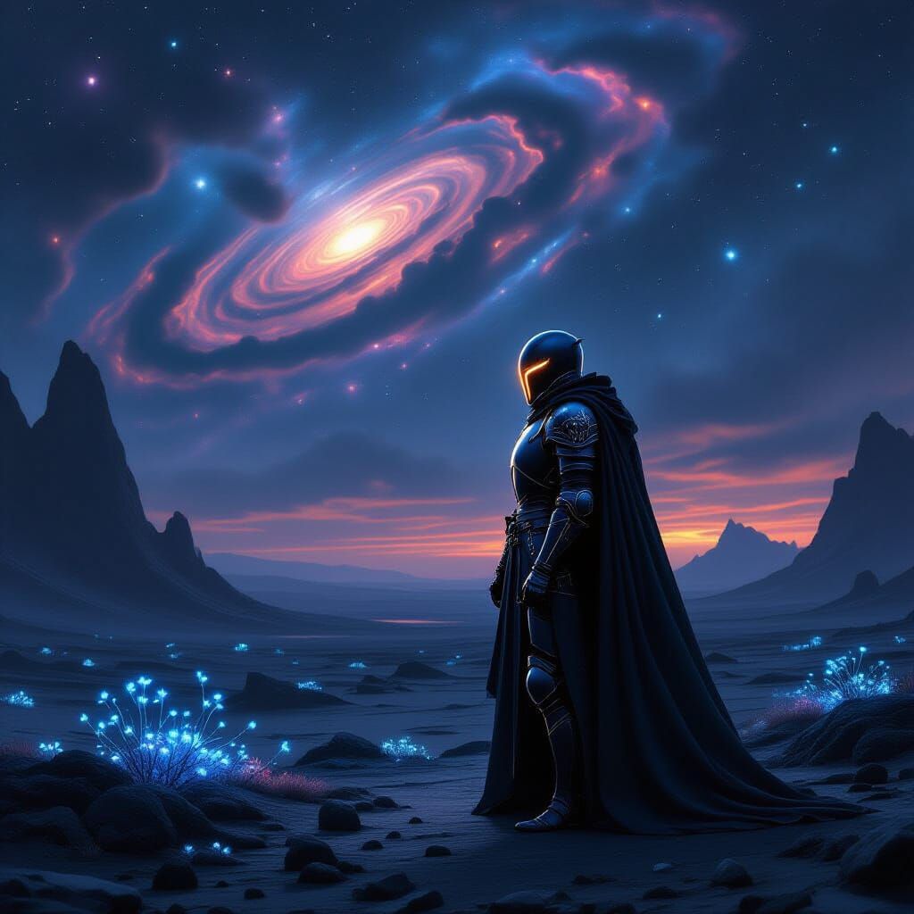 Knight on Alien Planet Under Cosmic Sky