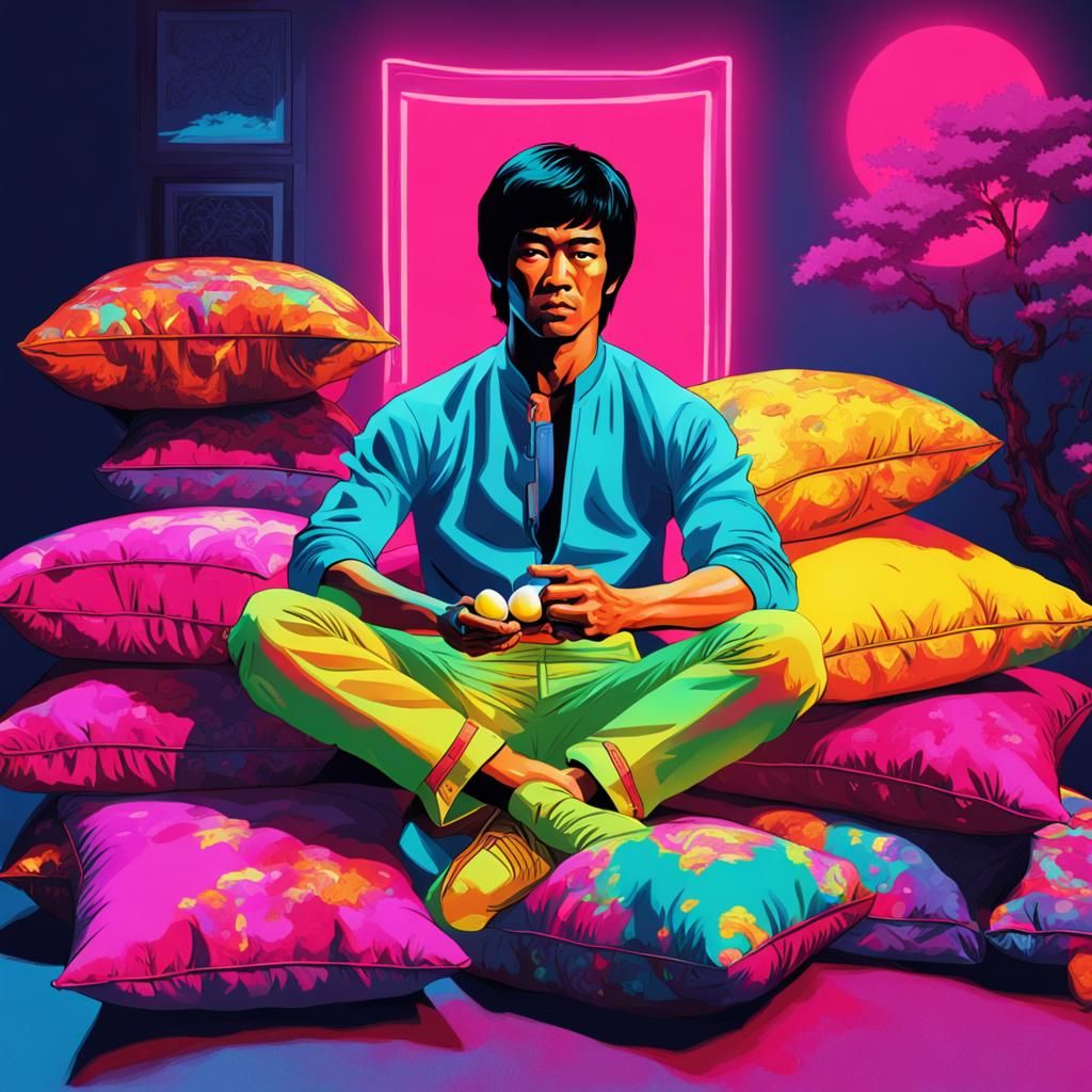 Bruce Lee Eats Egg Foo Young in Synthwave Style