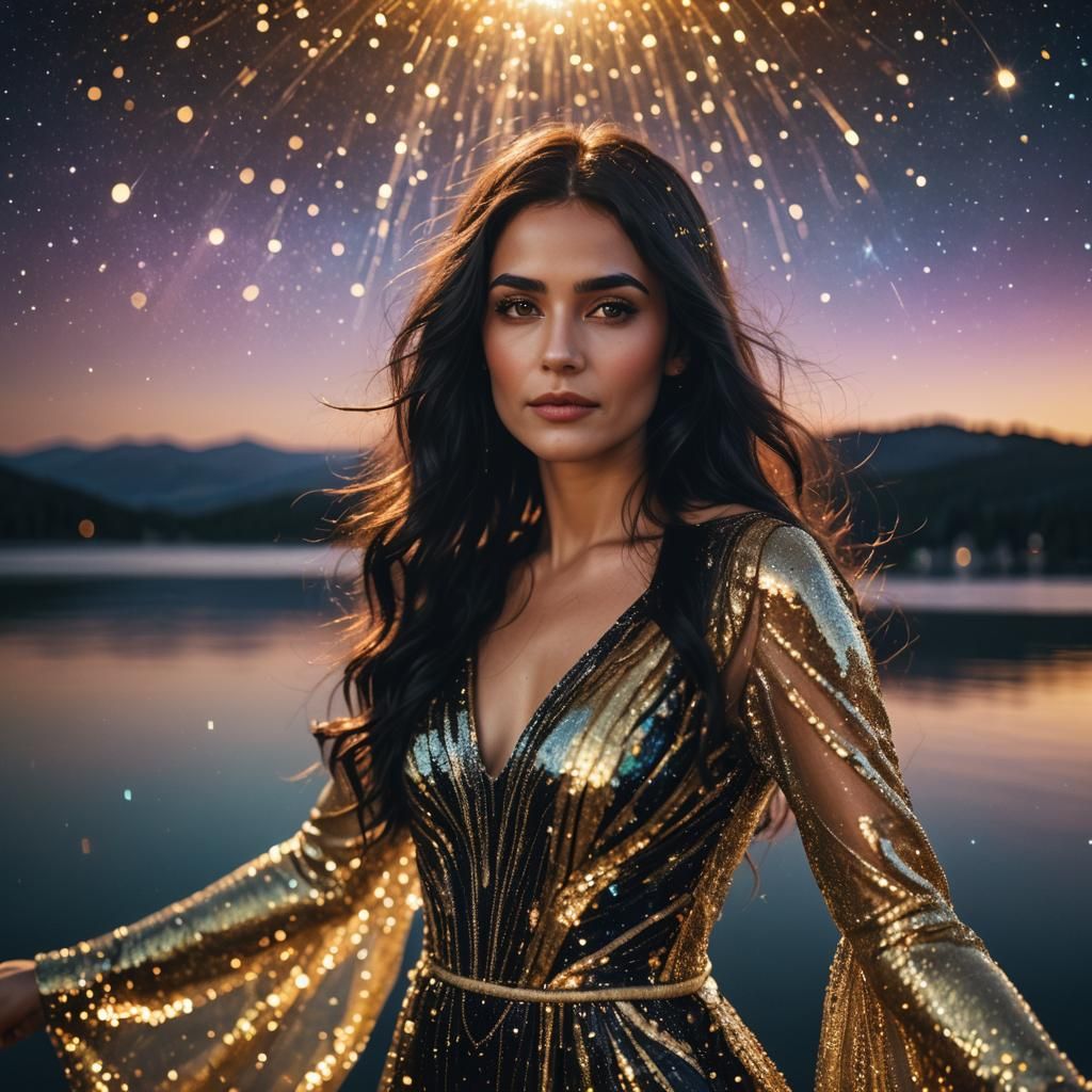 Beautiful Woman in Gold Dress, Nebula Night