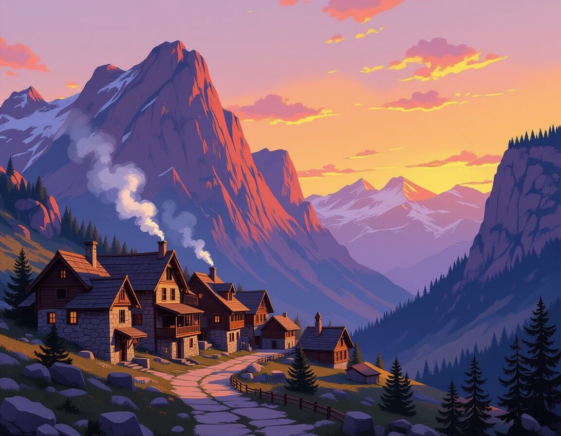 Rustic Village on Mountain Edge at Golden Hour