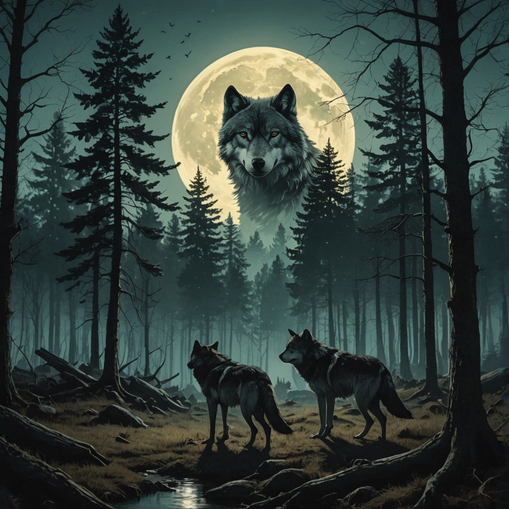 Moonlit Wolves Roam a Mystical Forest