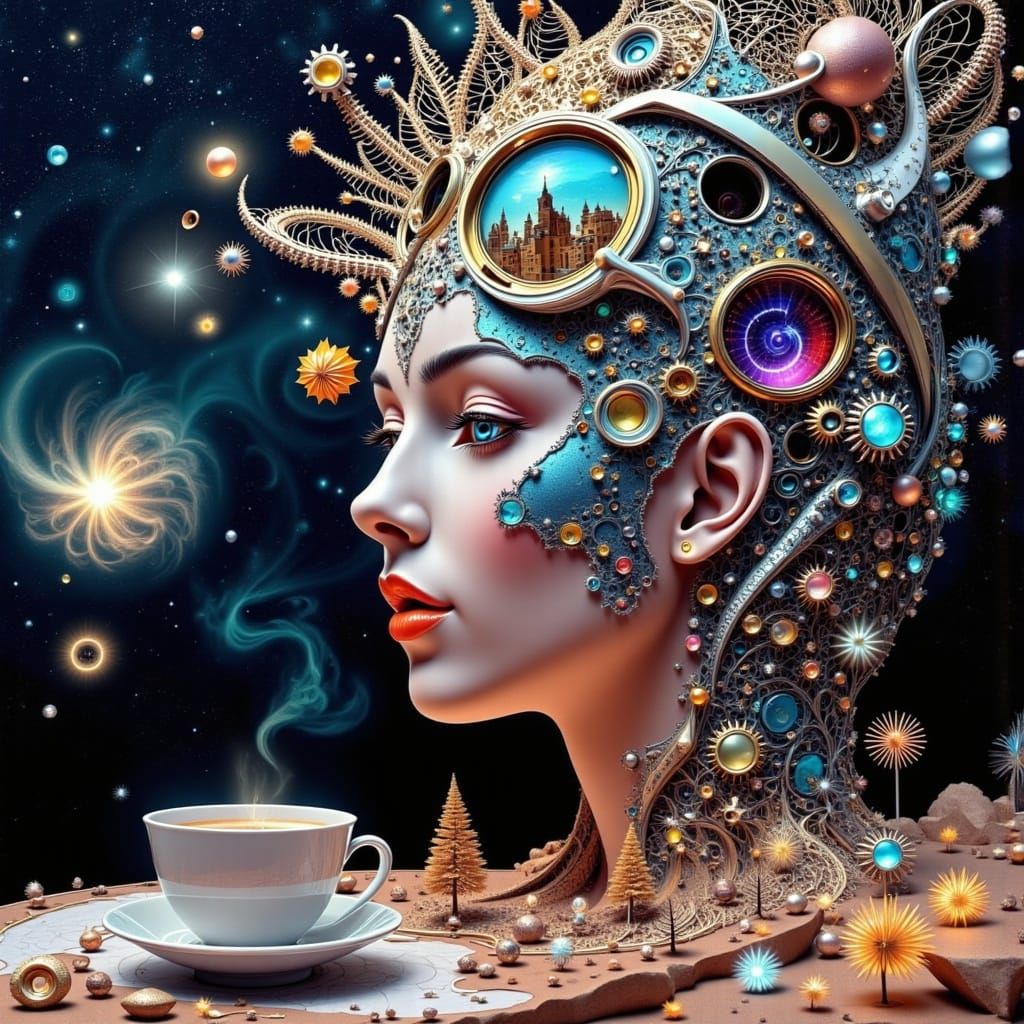 Surreal Cartographer Portrait with Nebulae Eyes