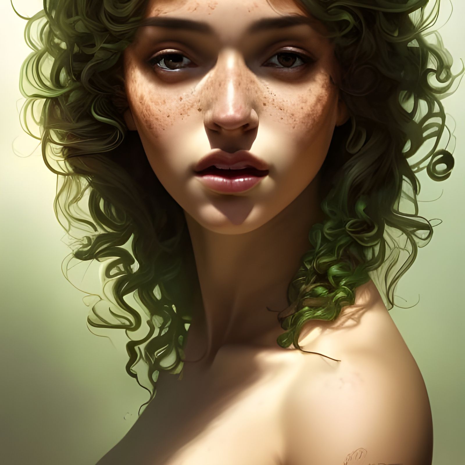 Latina Woman Portrait with Freckles in Art Nouveau Style