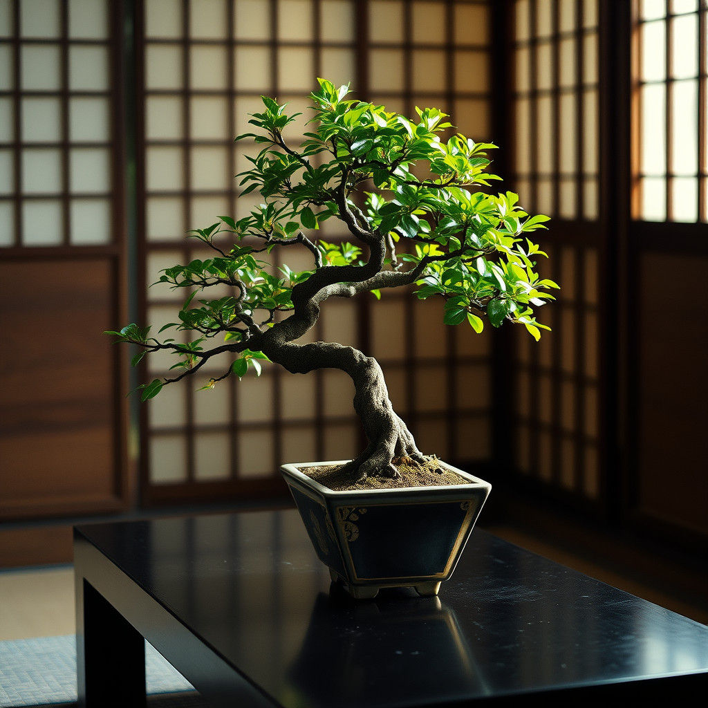 Bonsai Tree with Shoji Screen in Film Noir Style