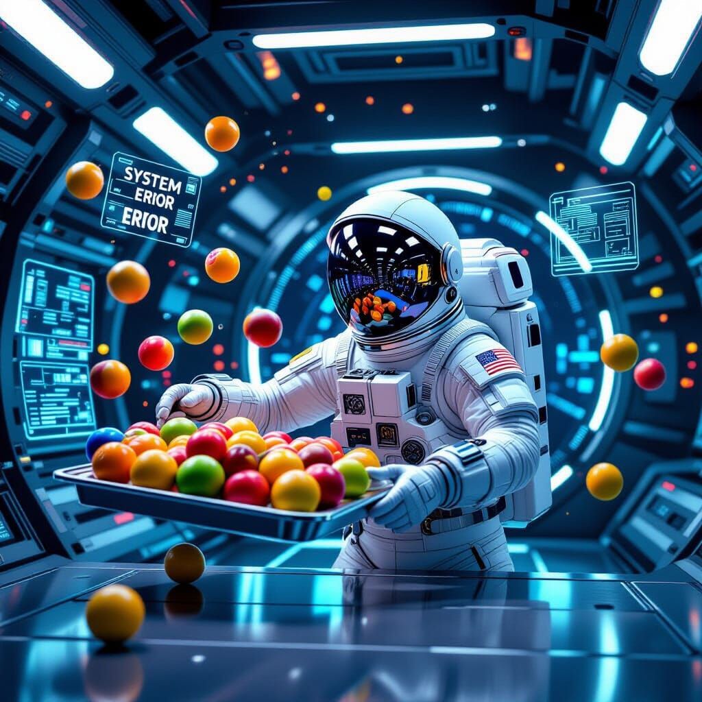 Astronaut's Zero-G Fruit Mishap in Retro Sci-Fi Style