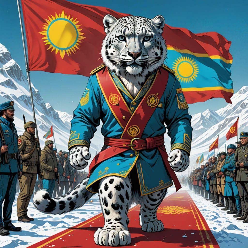 Snow Leopard Strolls Red Carpet on Hind Legs, Kazakh Flag