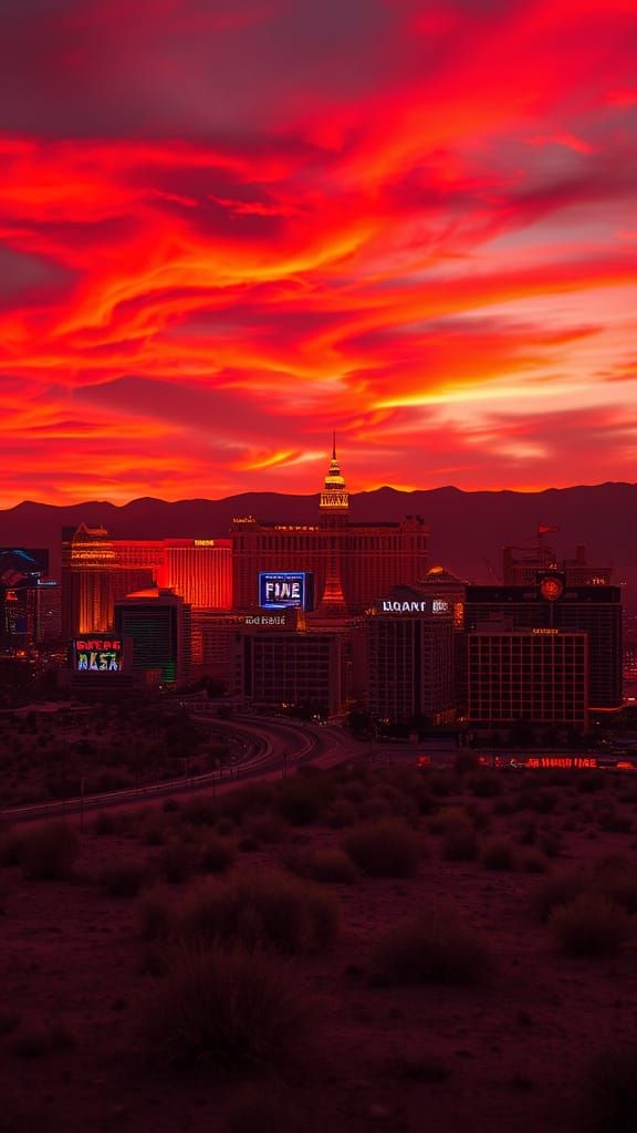 Red Las Vegas Skyline at Sunset: Hyperrealistic Image