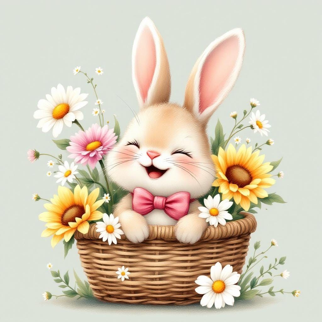 Laughing Bunny with Flowers in Watercolor Style