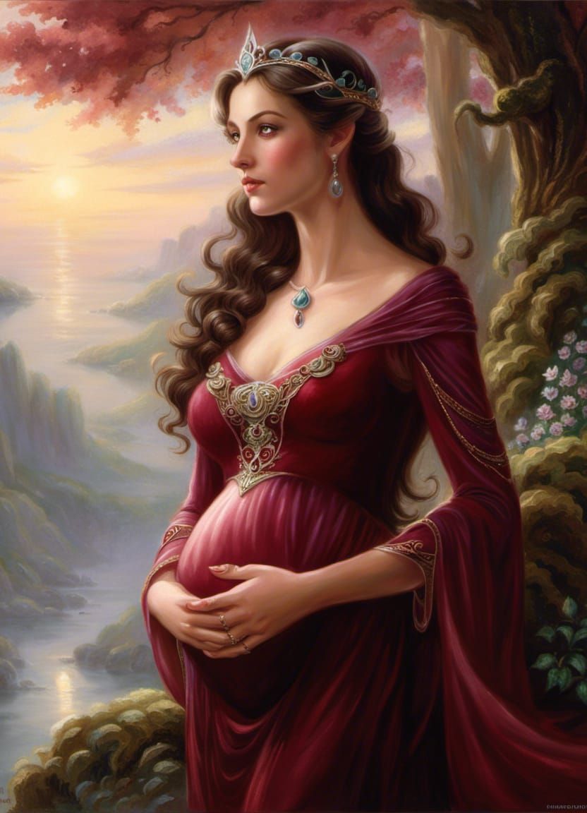 Pregnant Elf in Burgundy Dress: Ethereal Fantasy Portrait